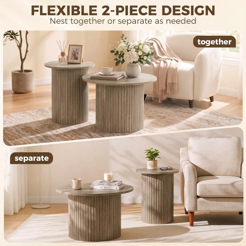 Round Nesting Coffee Table Set of 2 – Fluted Pedestal Tables, Rustic Brown Wood Grain