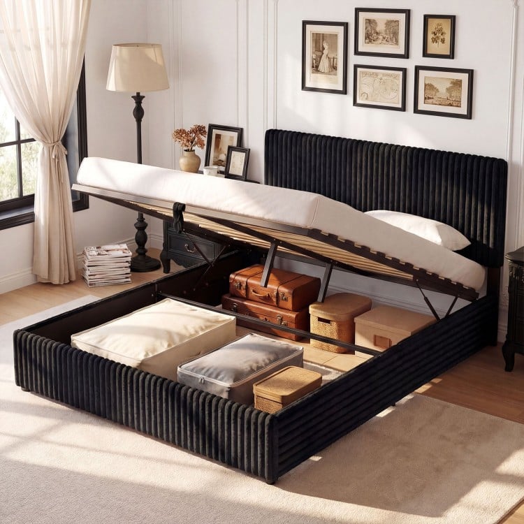 Queen Size Lift-up Storage Bed with Wooden Slat Support-Black