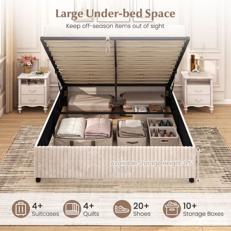 Queen Size Lift-up Storage Bed with Wooden Slat Support-Beige