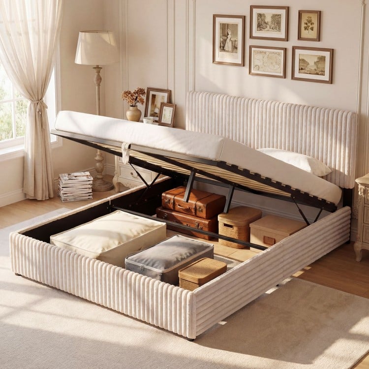 Queen Size Lift-up Storage Bed with Wooden Slat Support-Beige