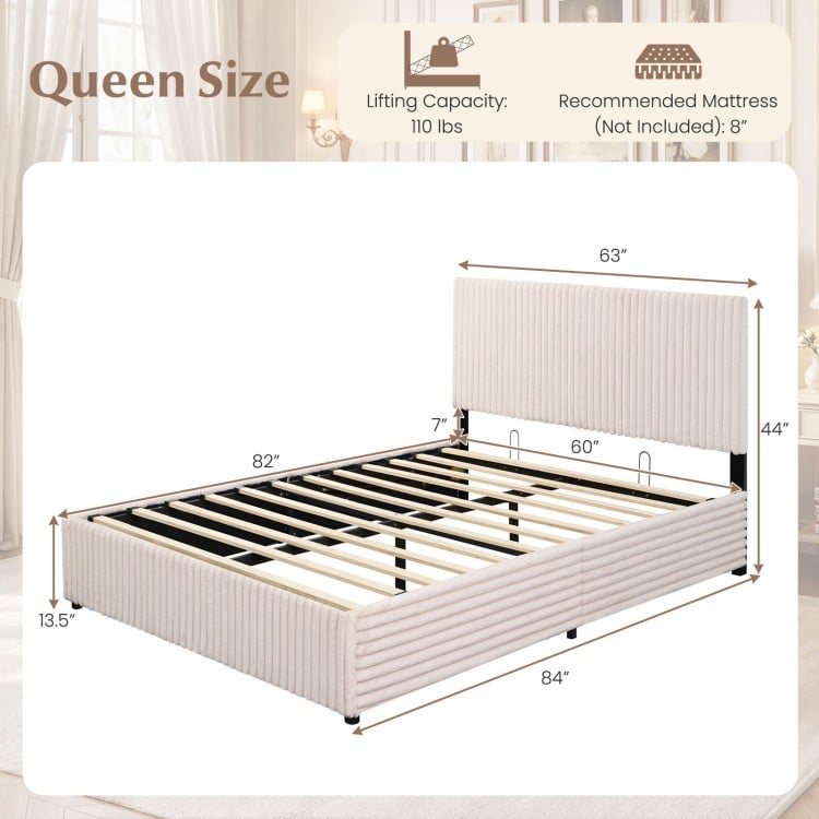 Queen Size Lift-up Storage Bed with Wooden Slat Support-Beige
