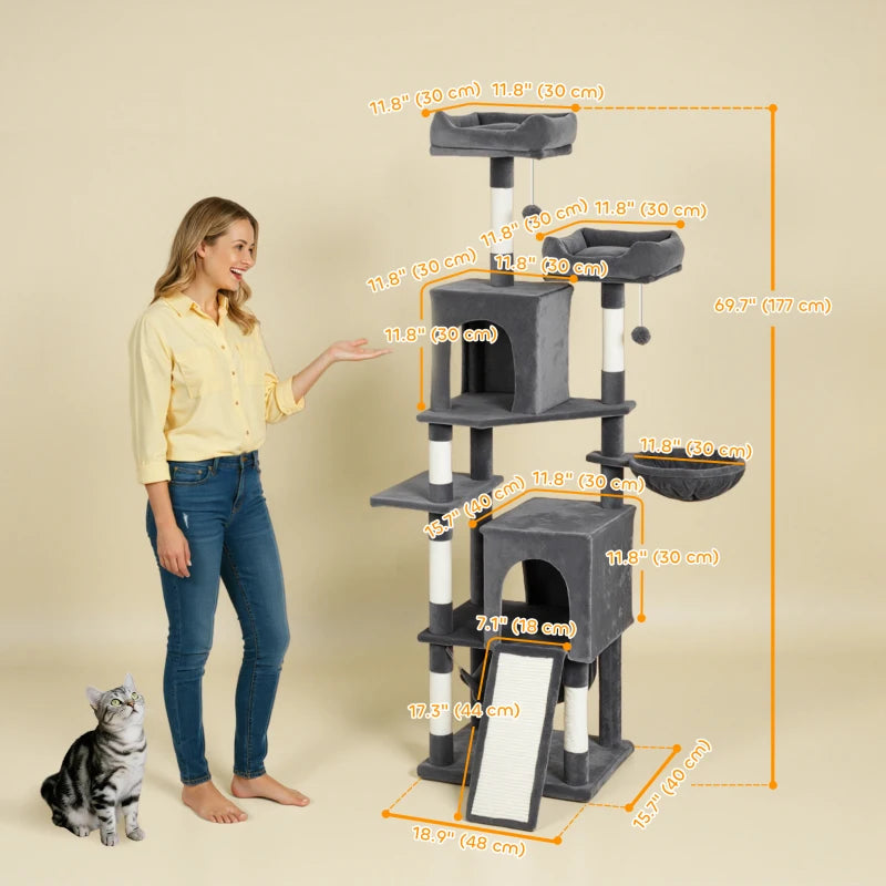Cat Tree, 70" Multi-Level Cat Tower with 2 Condos, 2 Perches, Hammock, Toy Balls, Scratching Posts and Board, Dark Grey