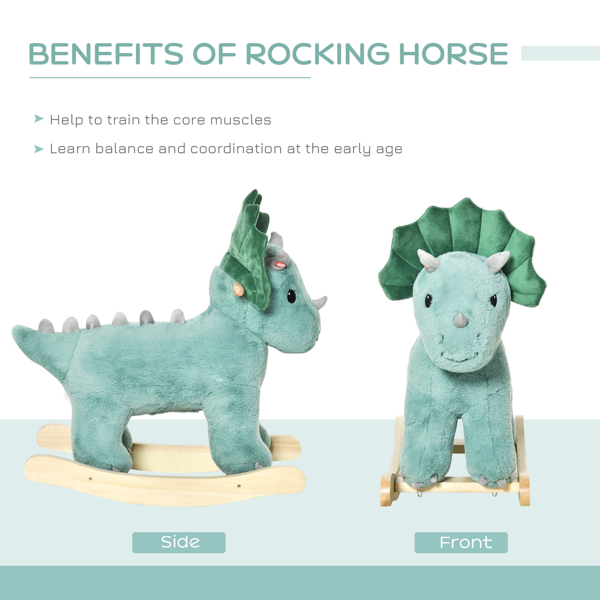 Qaba Triceratops Rocking Horse - Kids Plush Ride-On Toy with Realistic Sounds, Perfect for 36-72 Months, Dark Green