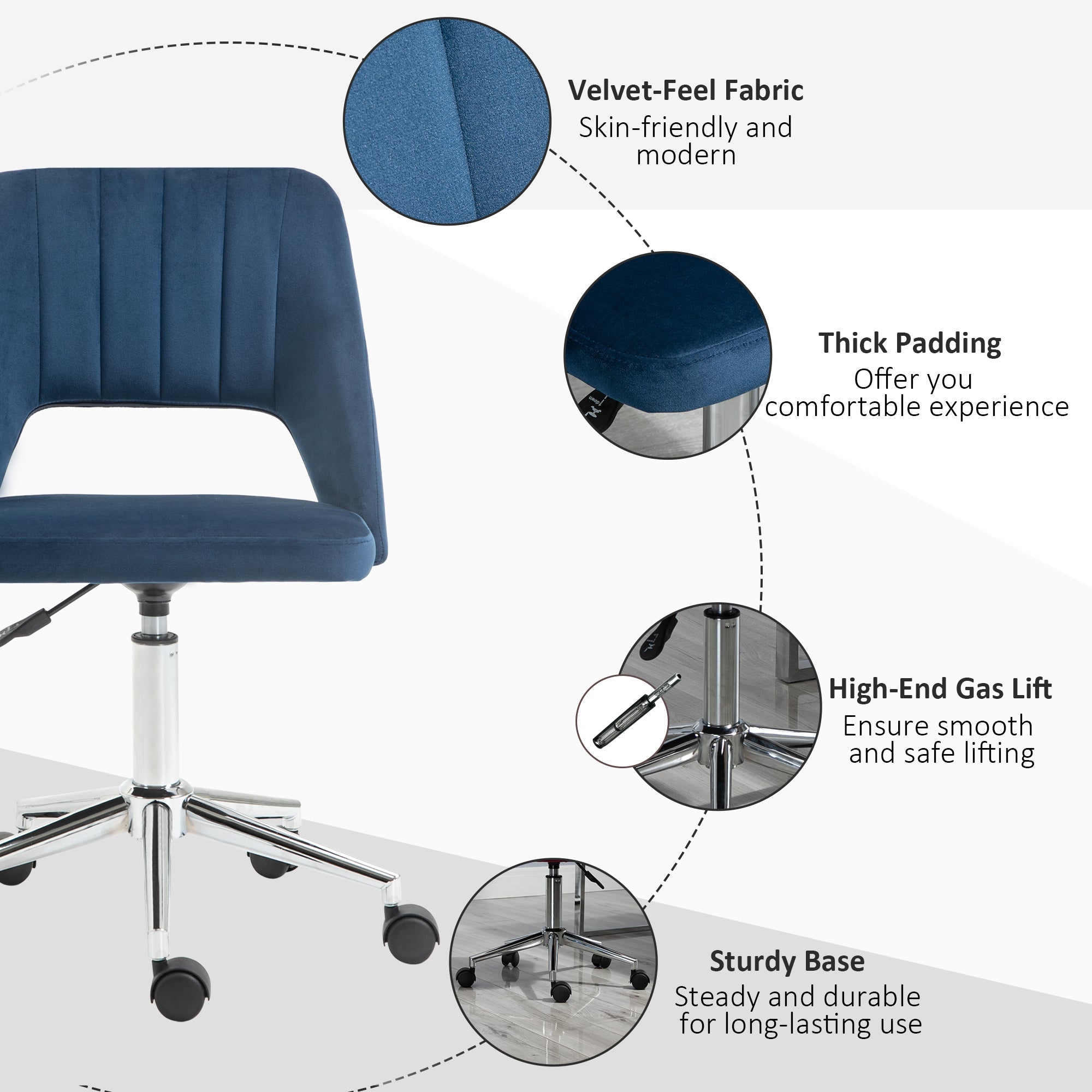 Vinsetto Ergonomic Swivel Chair: Plush Velvet Upholstery, Scalloped Backrest & 360° Mobility for Comfortable Computing, Blue