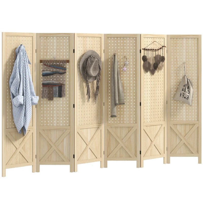 Wooden Room Divider with Pegboard Display, 6 Panel Folding Privacy Screen for Home Office, Natural Wood