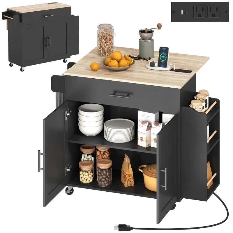 Kitchen Island with Storage, Rolling Kitchen Cart with Foldable Drop Leaf, Power Outlet and USB Ports, Black