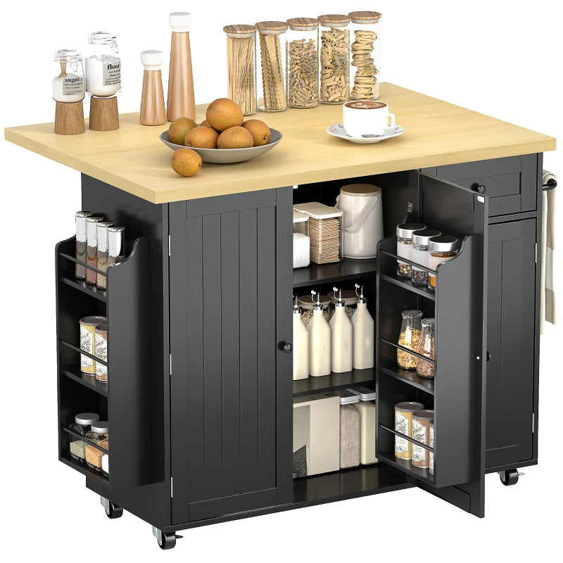 Kitchen Island Cart, Rolling Kitchen Island Table with Drop Leaf, Drawer, Spice and Towel Rack, Black