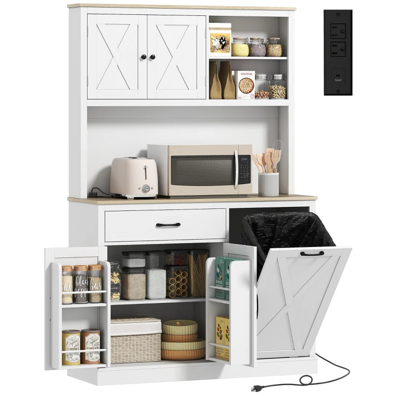 69" Pantry Cabinet with Charging Station, Kitchen Cabinet with Microwave Stand, Tilt-Out Trash Can Cabinet, White
