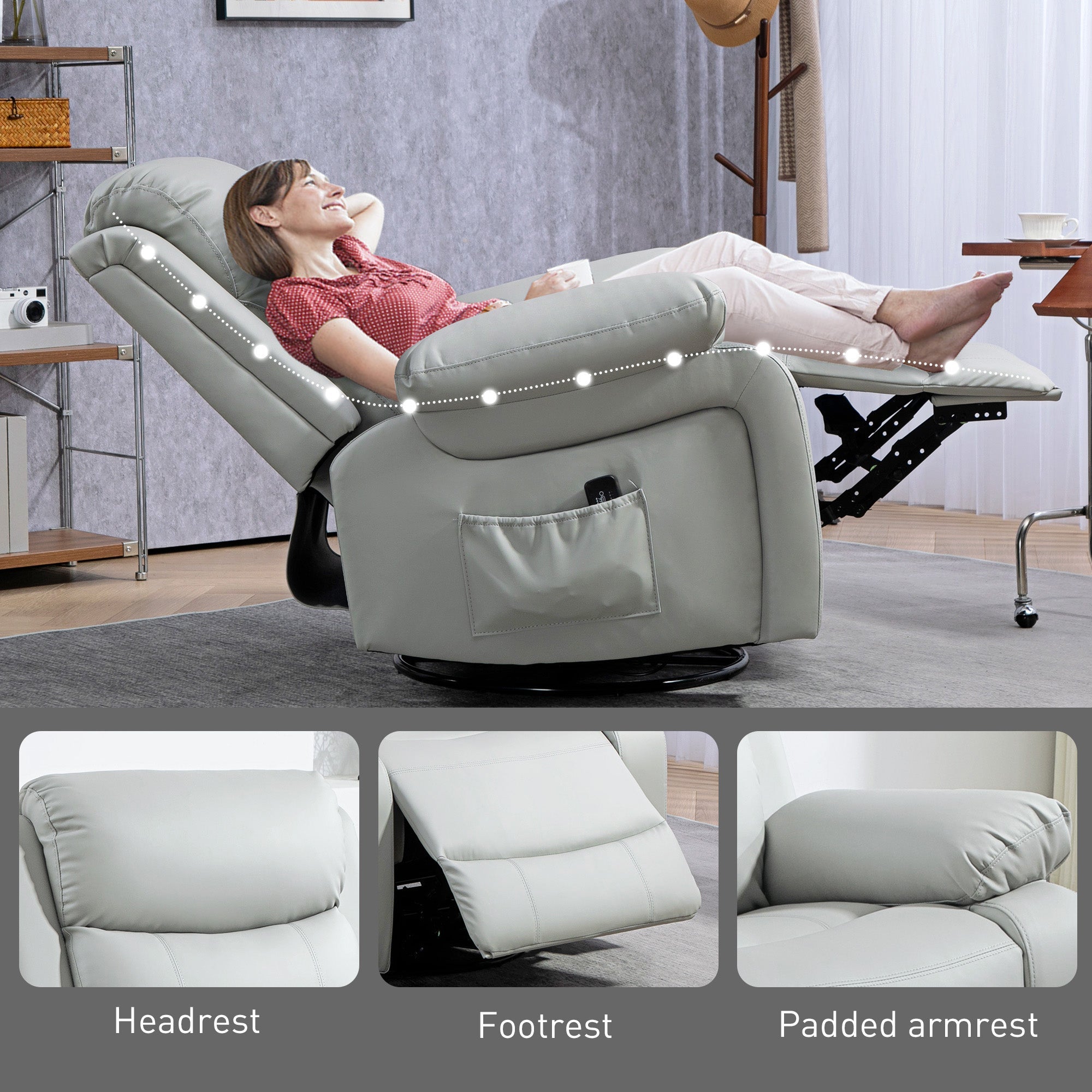 HOMCOM PU Leather Reclining Chair with Vibration Massage Rocker, Swivel Base, Rocking Function, Remote Control, Light Grey