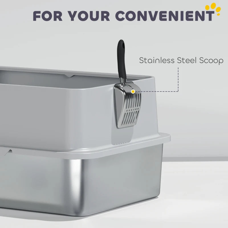 XL Stainless Steel Cat Litter Box for Big and Multiple Cats with High Wall Side, Scoop, Easy Cleaning & Odor Free
