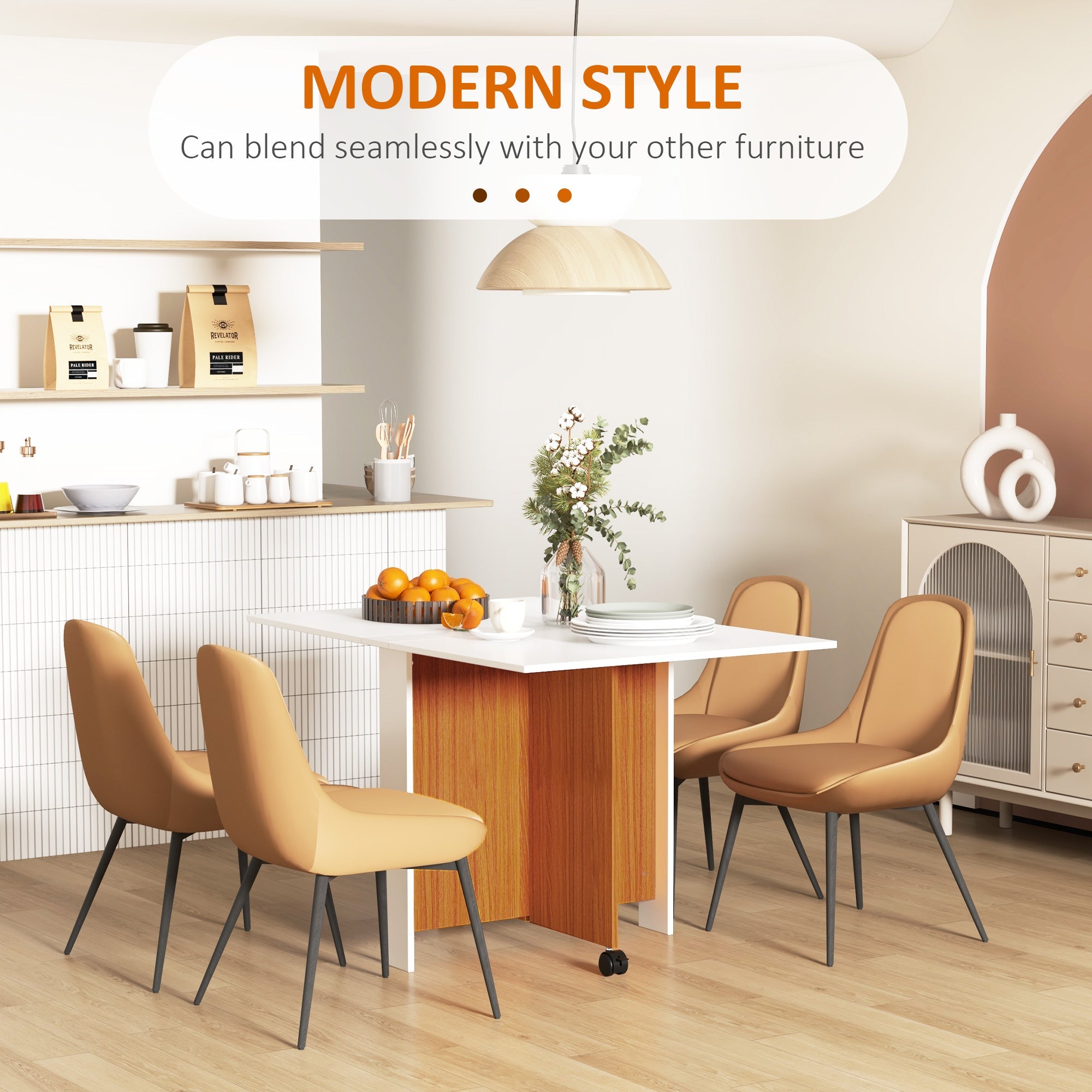 HOMCOM Foldable Teak White Dining Table Drop Leaf Console Writing Desk with Wheels for Kitchen Dining Room