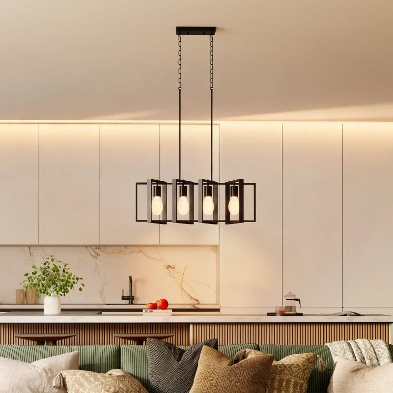 Farmhouse Kitchen Island Lighting, Linear Pendant Light with 4 Rotatable Frames and Adjustable Height, Black