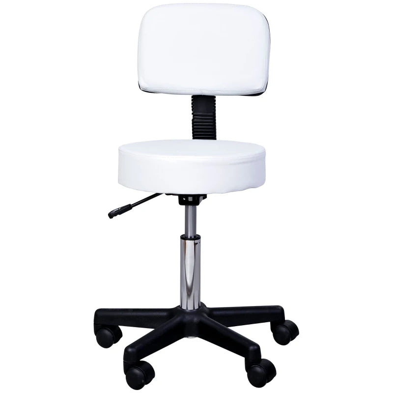 Adjustable Rolling Stool with Back, PU Leather Round Swivel Drafting Stool with Wheels for Kitchen, Salon Spa, Bar, Home Office, Massage, White
