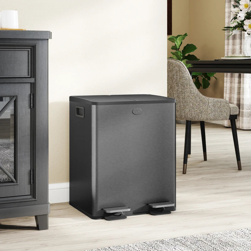 Dual Garbage Bin, Soft-Close Trash Can with Foot Pedal, 2 x 20 Liter Garbage Can with Removable Inner Buckets, Black