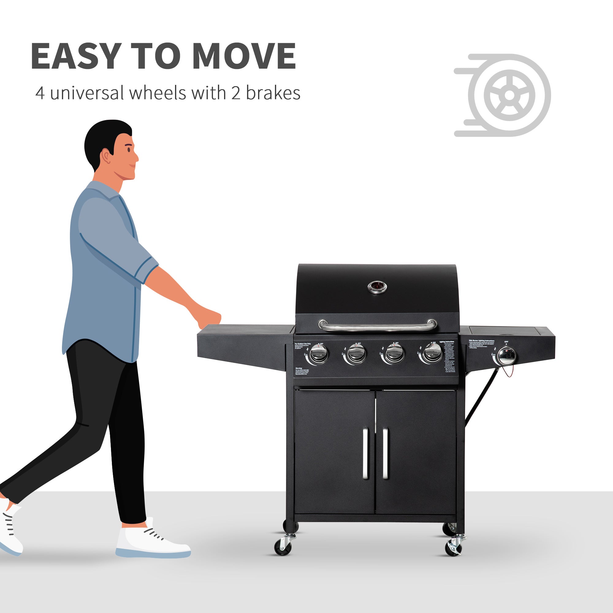 Outsunny 4+1 Burner Propane Gas Grill BBQ Trolley - Outdoor Cabinet Style with Side Burner, Warming Rack, Sleek Black