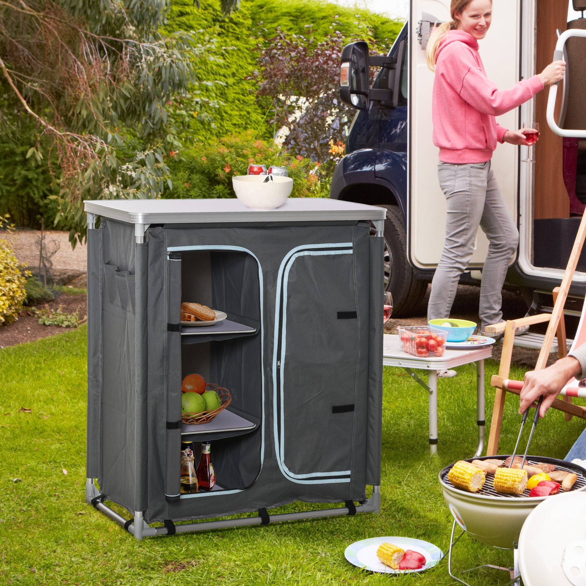 Outsunny Portable Camping Kitchen Table Aluminum BBQ Station with Storage Organizer 3-Shelf Cupboard for Outdoor Party Picnic Grey