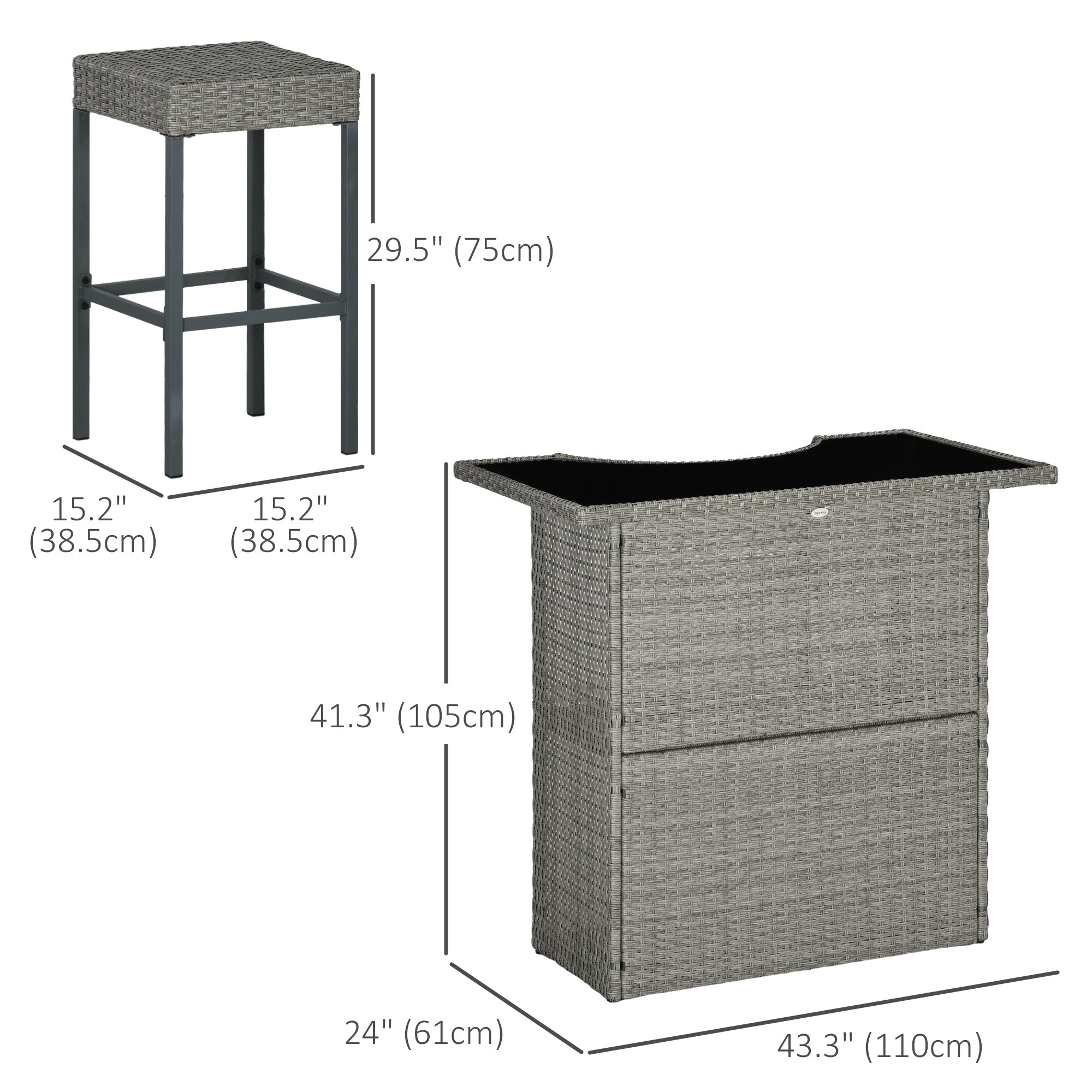 Outsunny 5 Pieces Patio Bar Set, Outdoor PE Rattan Wicker High Top Outdoor Table and Chairs Outdoor Bar Set with Tempered Glass Top Bar Table and Shelves, 4 Bar Chairs, Grey
