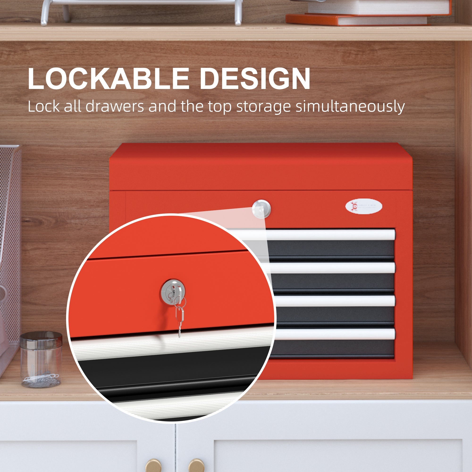 DURHAND Lockable Tool Chest Supremacy: Portable 4 Drawers Top Storage Steel Box with Latch and Keys for Garage, Red Finish