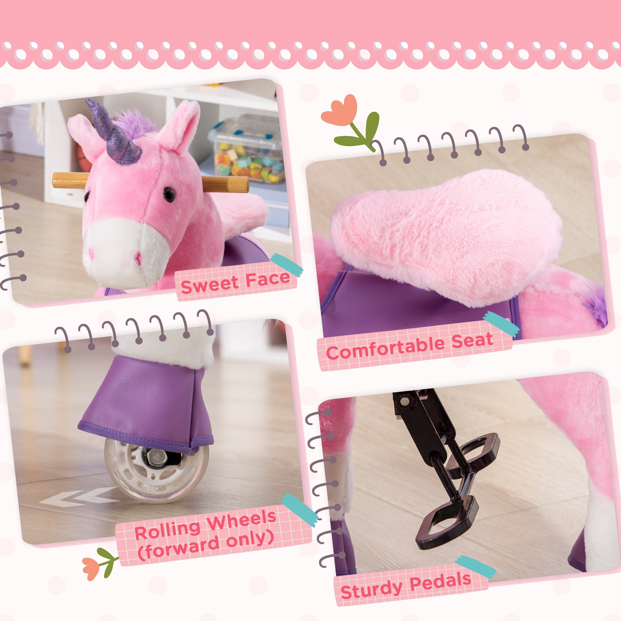 Qaba Pink Unicorn Walking Horse - Mechanical Ride On Pony Toy with Wheels, Ideal Gift for 3-6 Years, Girls & Boys