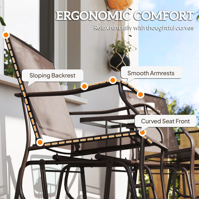Double Patio Glider Chair with Glass Top Center Table, Outdoor Glider Loveseat with High Back, All Weather Breathable Mesh Fabric for Garden, Backyard, Deck, Brown