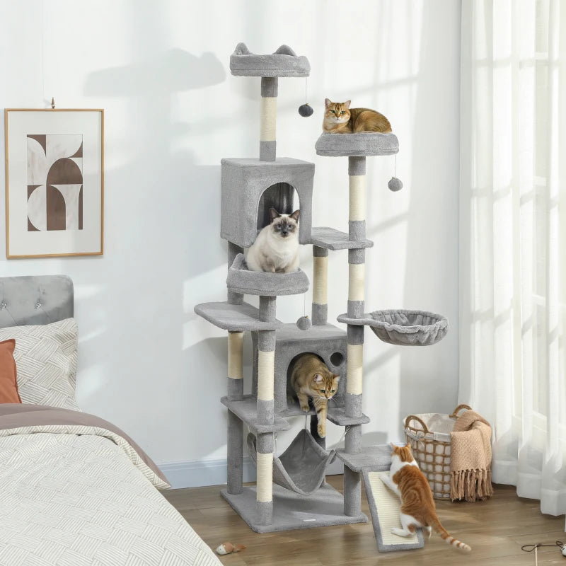 76" Large Cat Tree for Indoor Cats with 8 Scratching Posts, 3 Plush Beds, 2 Hammocks, 2 Large Condos, Ramp, Light Grey