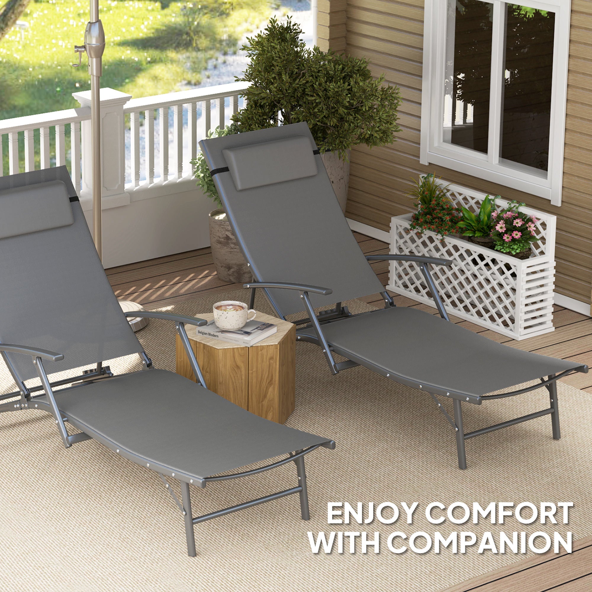 Outsunny Set of 2 Chaise Lounge Chairs, Folding Tanning Chair with Pillow, Outdoor Sun Lounger for Patio, Garden, Beach, Grey
