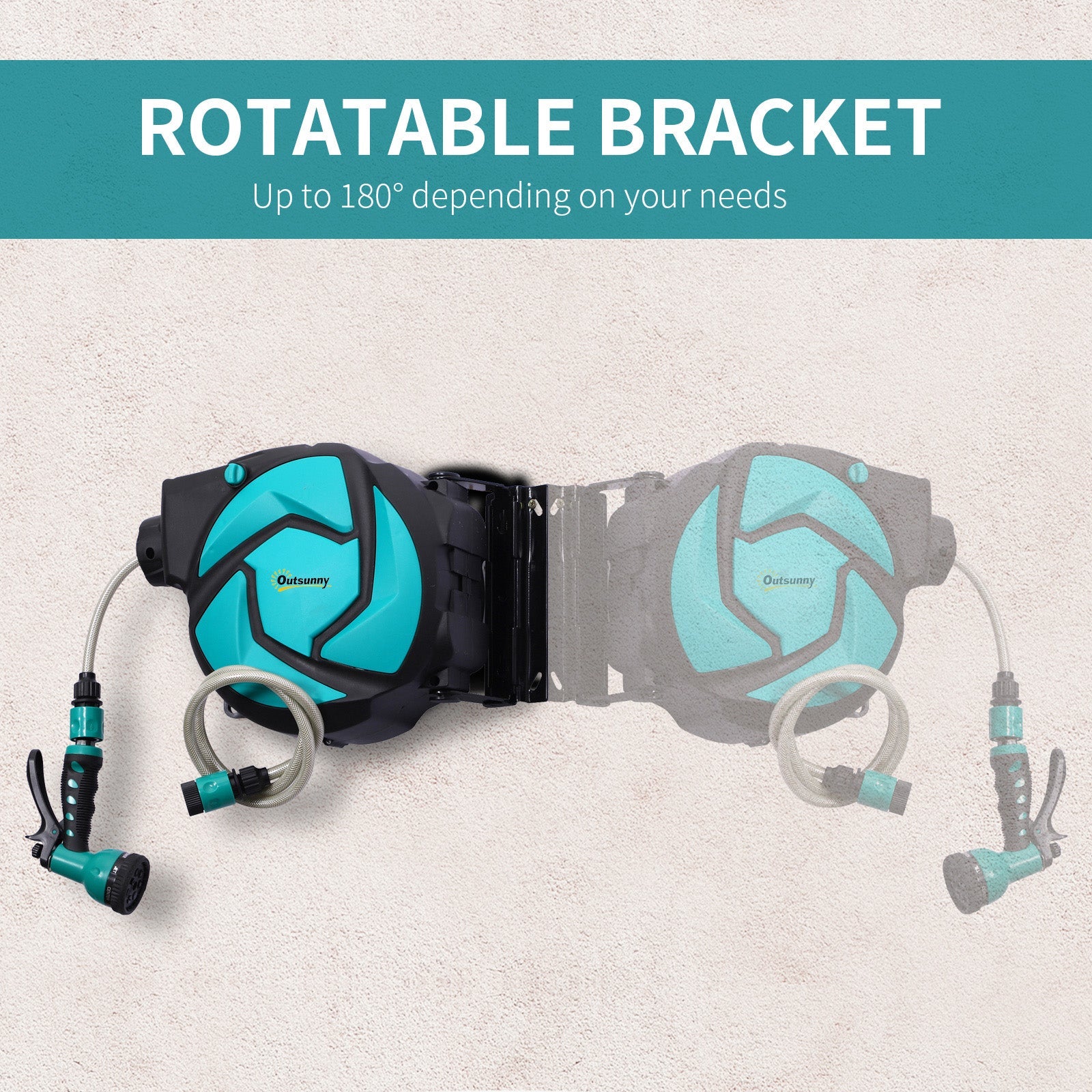 Outsunny Hose Reel, 33 ft Retractable Garden Hose, Hose Reel Wall Mounted, Water Hose Reel Automatic Rewind, Dark Grey