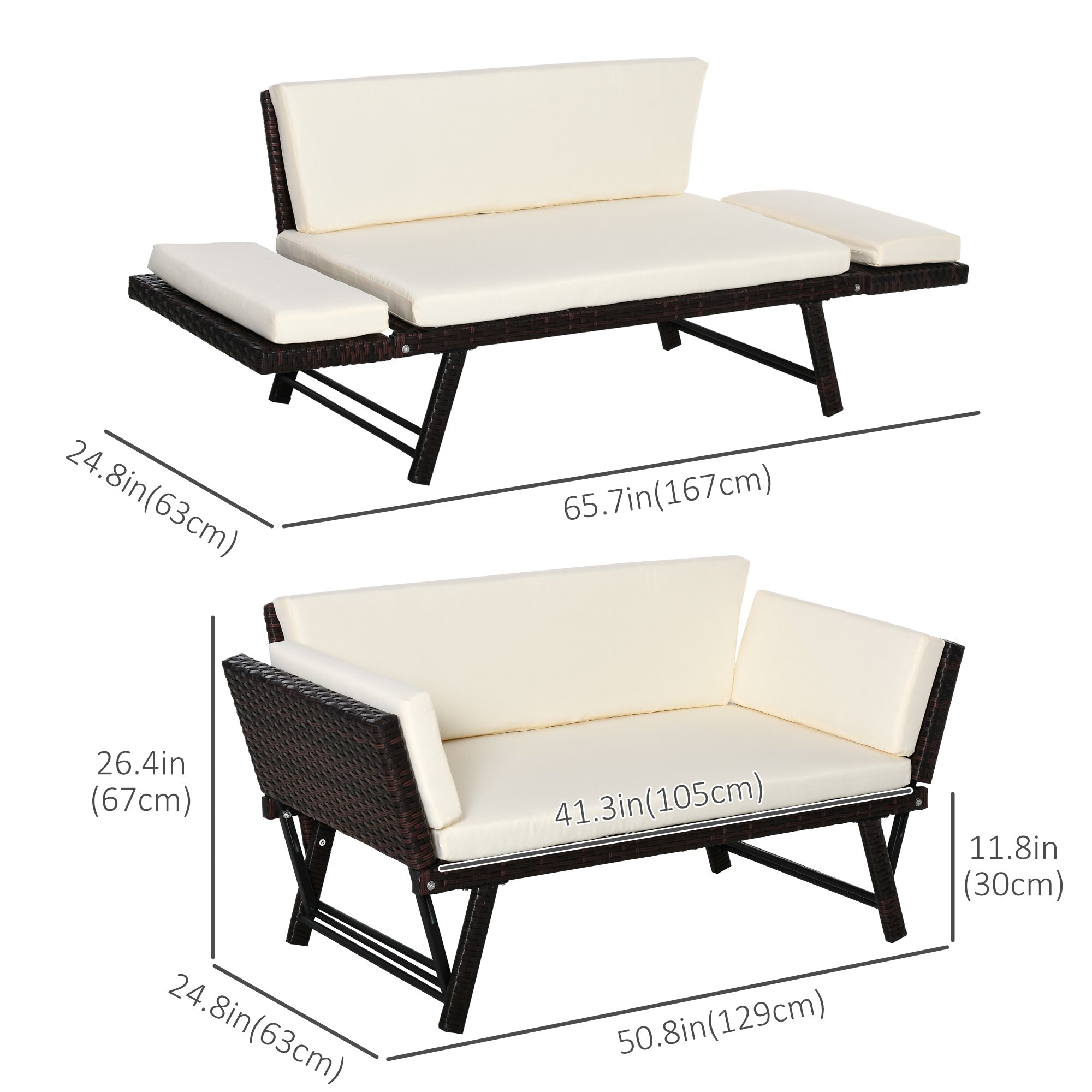 Outsunny Convertible Rattan Sofa Bed Chaise Lounge Wicker Loveseat Double Seat Cushion All Weather Patio Furniture Brown