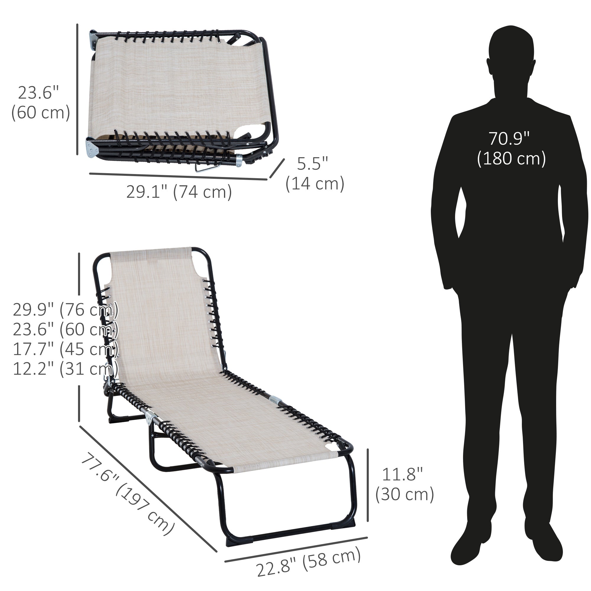 Outsunny Adjustable Folding Beach Bed 4-Level Reclining Lounger Lightweight Portable Outdoor Beige