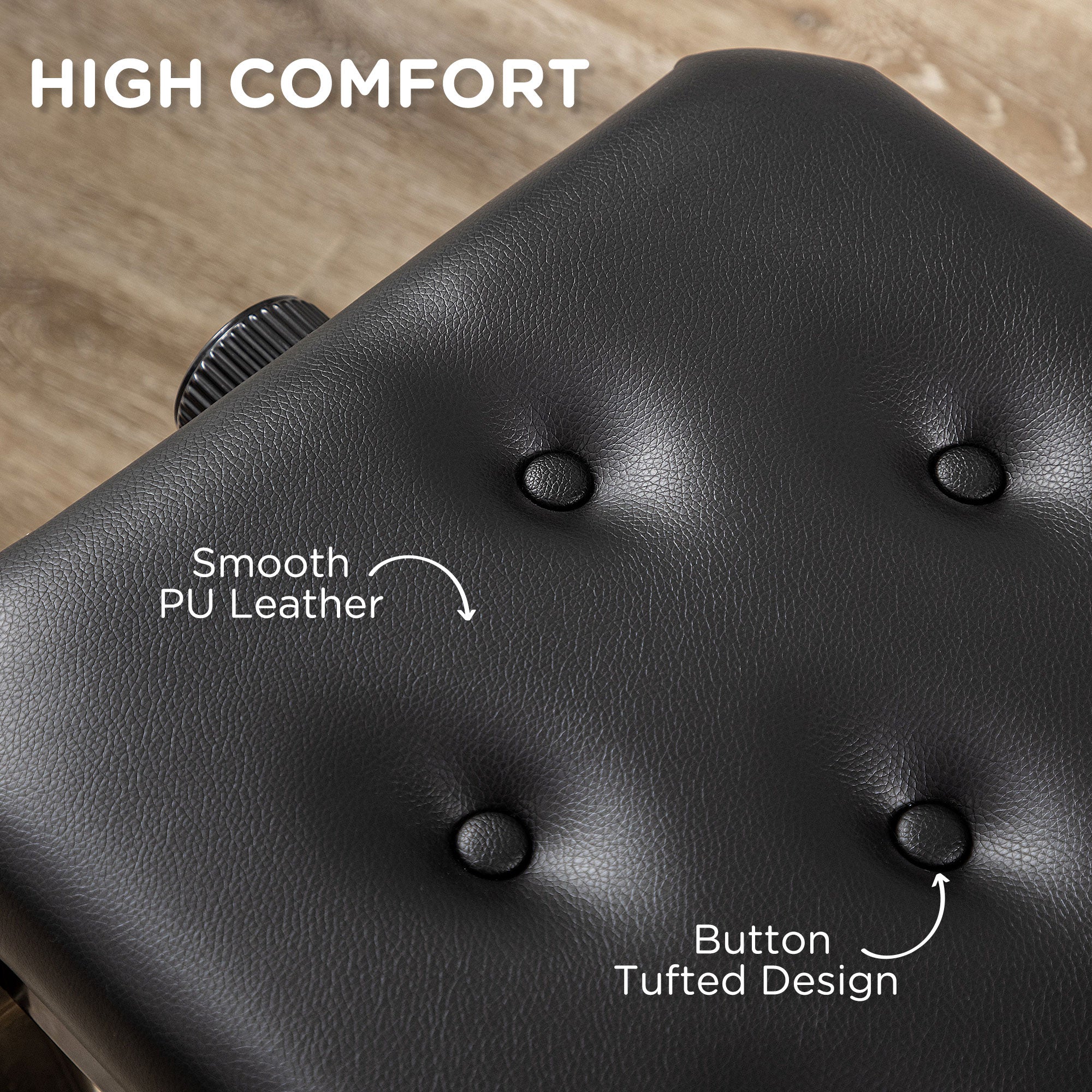 HOMCOM Deluxe Adjustable Piano Bench Stool Button Tufted PU Leather Padded Seat High Gloss Rubberwood Legs Black
