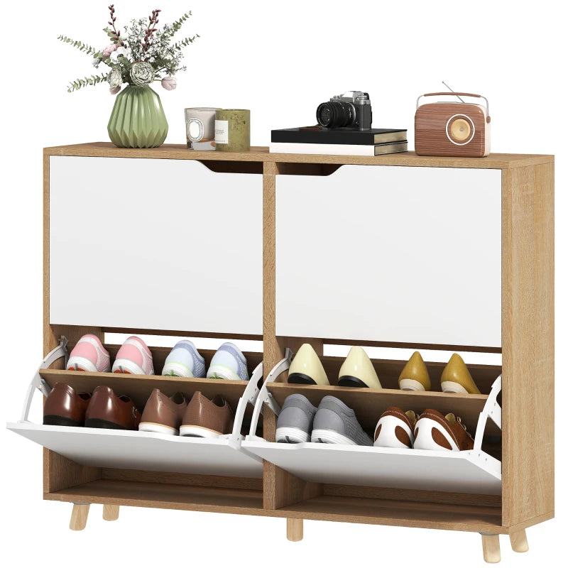 Narrow Shoe Cabinet, Shoe Storage Cabinet with 4 Flip Drawers and Adjustable Shelves for 16 Pairs of Shoes, Natural