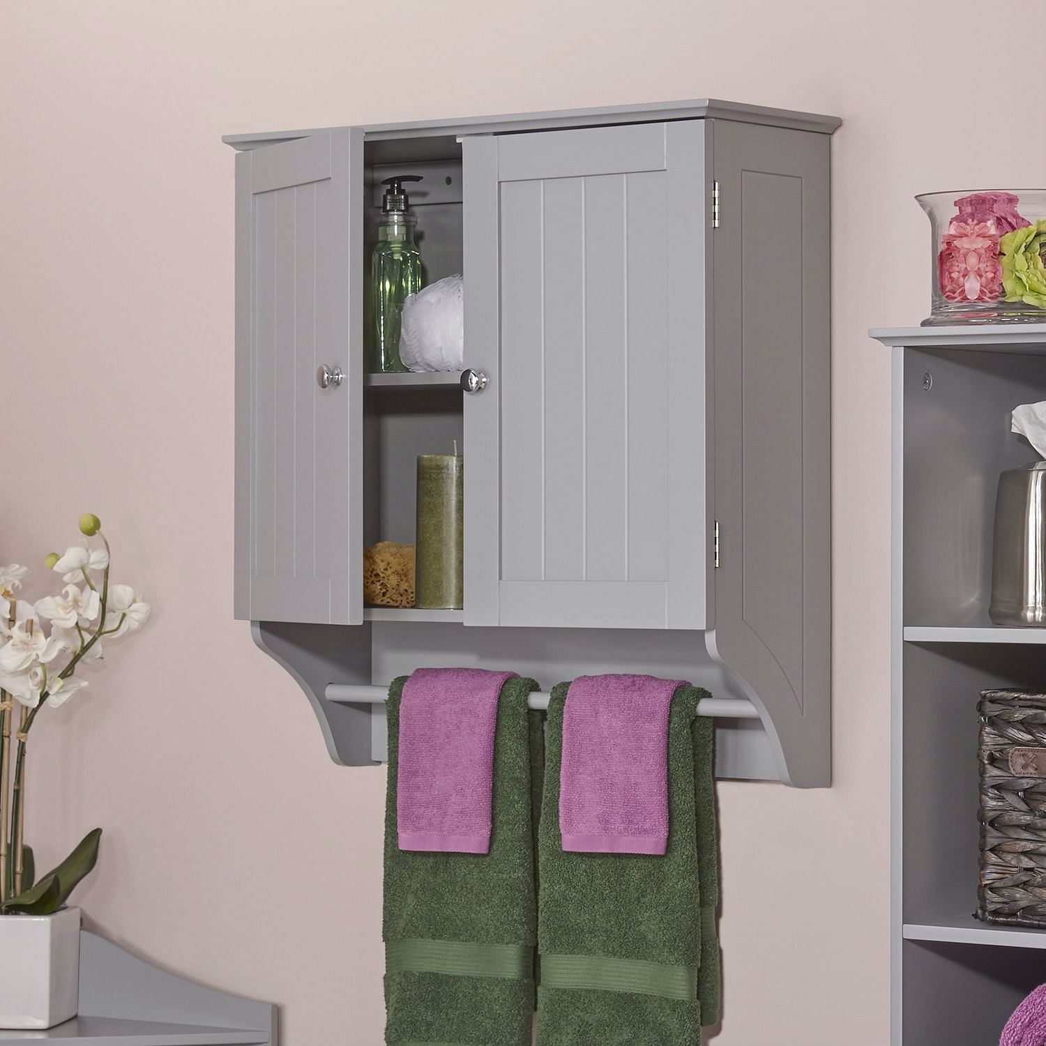 Gray 2-Door Bathroom Wall Cabinet with Towel Bar - Free Shipping