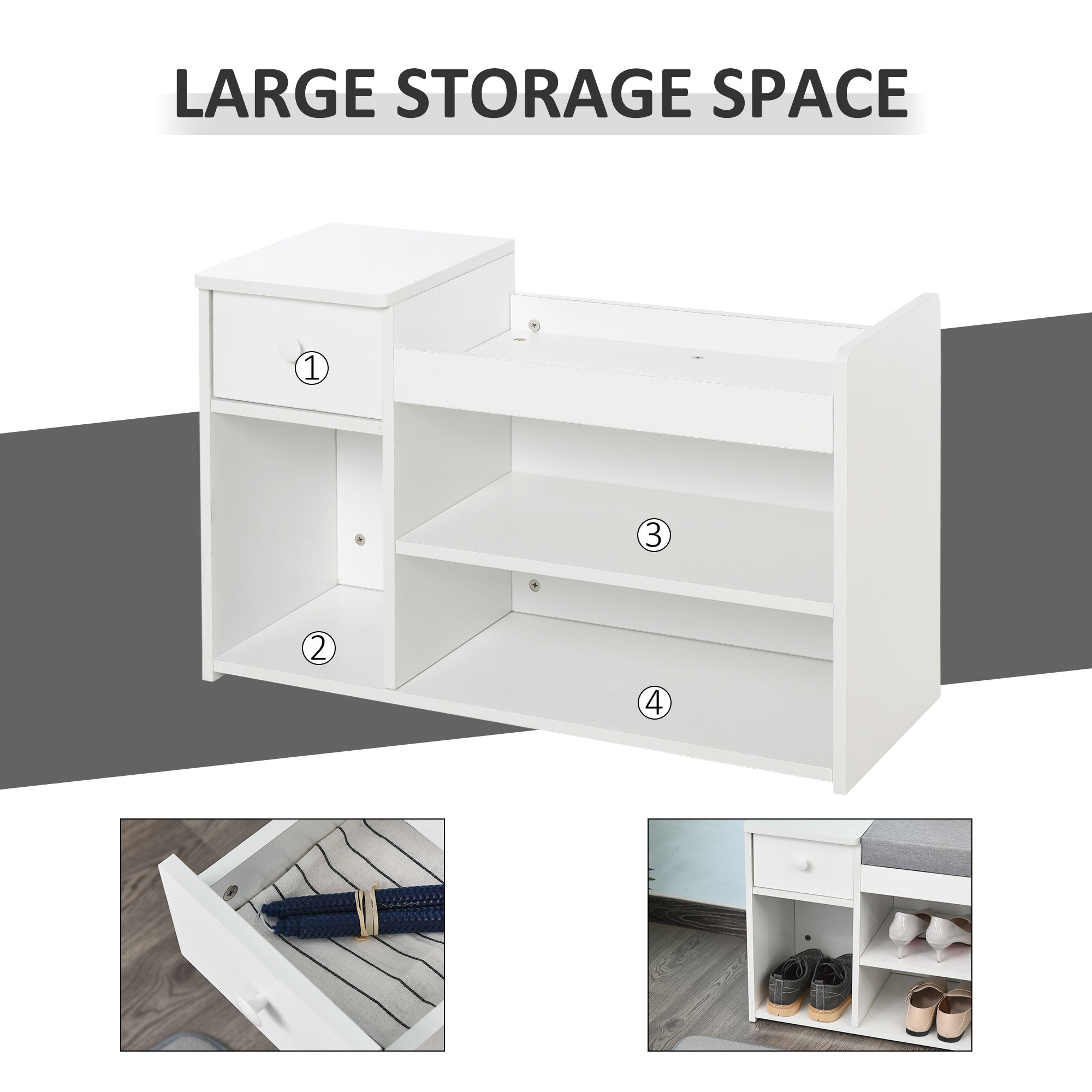 HOMCOM Entryway Shoe Oasis: Storage Bench with Drawer, Padded Cushion, 3 Compartments for Hallway, White Finish