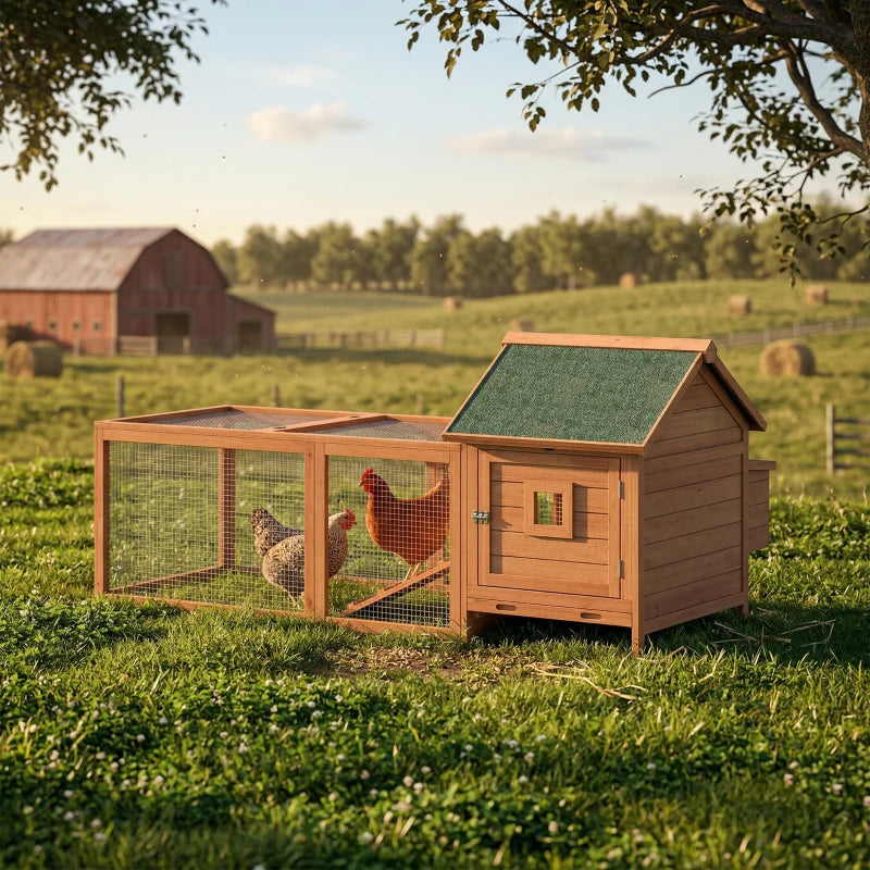 72" Chicken Coop, Wooden Hen House for 2 Chickens, Poultry Cage with Run, Nesting Box, Removable Tray, Waterproof Roof