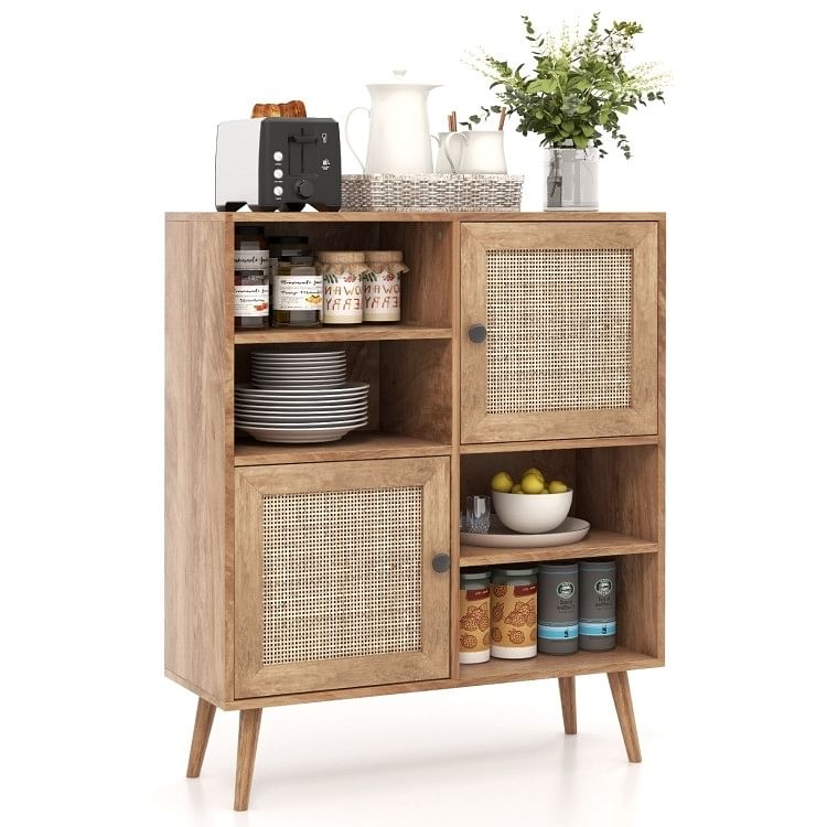 Mid-Century Modern Wood Sideboard Dining Buffet Storage Cabinet w/ Rattan Doors - Free Shipping