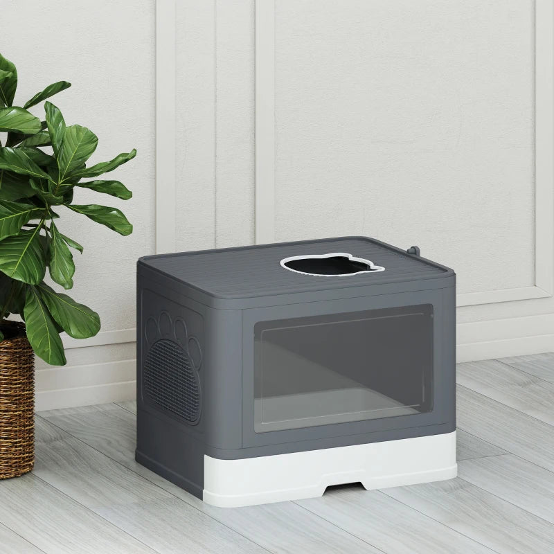 Cat Litter Box, Front Enter & Top Exit Cat Litter Tray with Scoop, Pull-out Tray, Easy to Clean, Grey