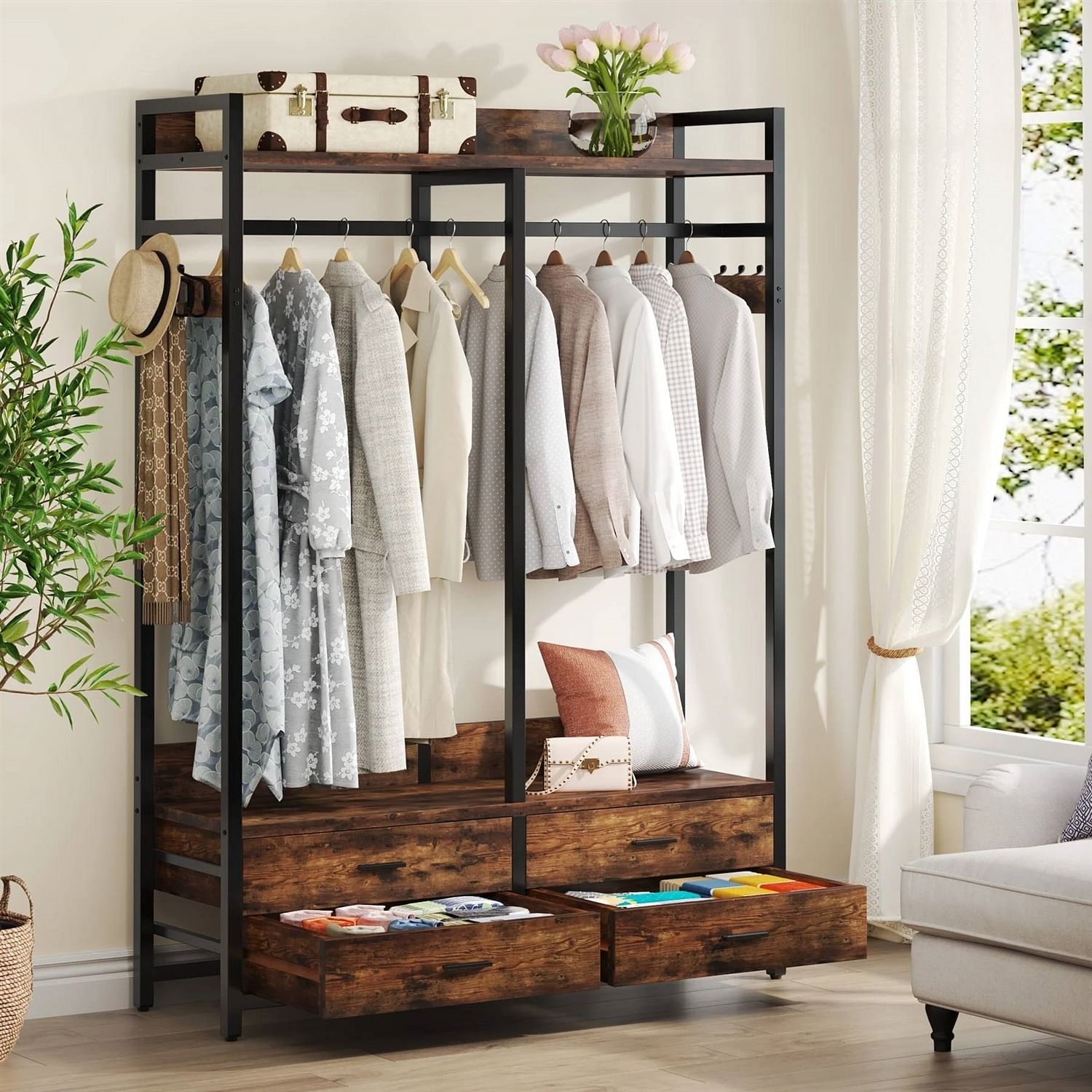 Heavy Duty Brown Black Garment Rack Clothes Hanging Rod with 4 Storage Drawers - Free Shipping