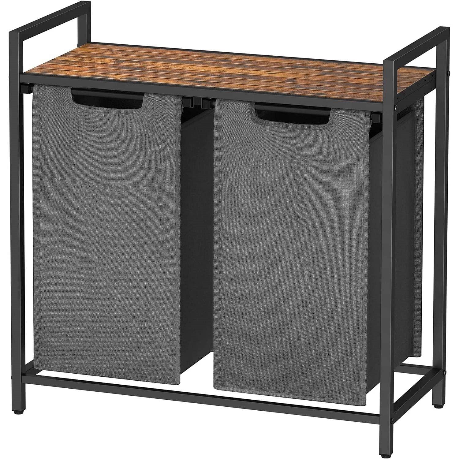 Modern Grey 2-Basket Laundry Hamper Sorter Black Frame Rustic Brown Top Shelf - Free Shipping