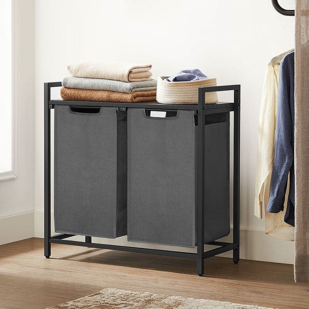 Modern Grey 2-Basket Laundry Hamper Sorter Black Frame Rustic Brown Top Shelf - Free Shipping