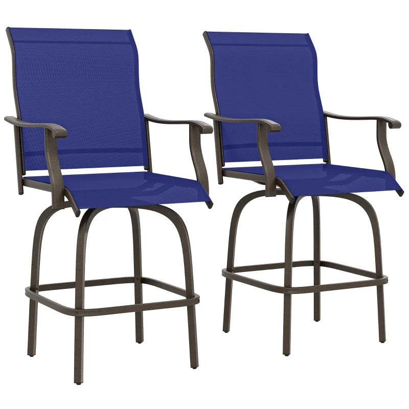 Outdoor Bar Stools Set of 2, Swivel Bar Height Chairs with High Back, Curved Armrests and Steel Frame, Navy Blue