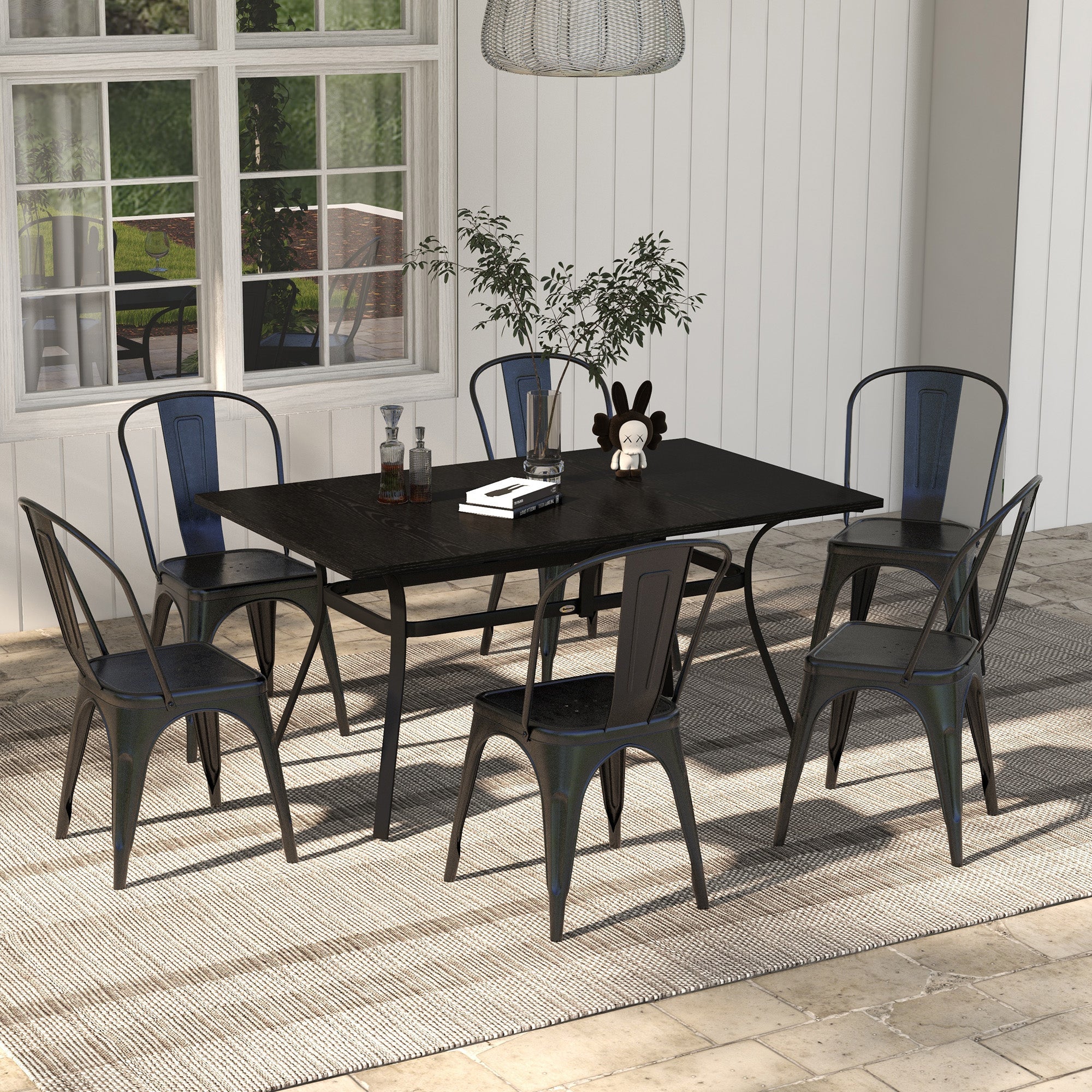 Outsunny Rectangle Patio Dining Table for 6 People with Steel Legs, Metal Tabletop for Garden, Backyard, Lawn, Balcony, Black