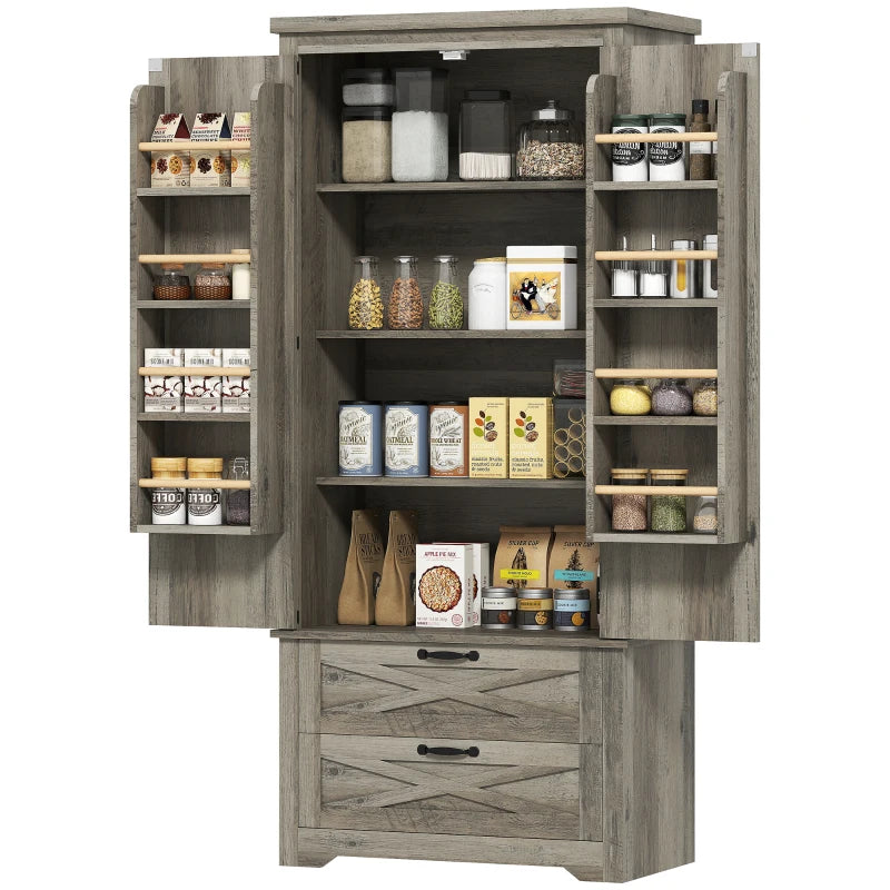 Farmhouse Kitchen Pantry Storage Cabinet, 64" Freestanding Kitchen Pantry Cabinet with Drawers, Distressed Grey