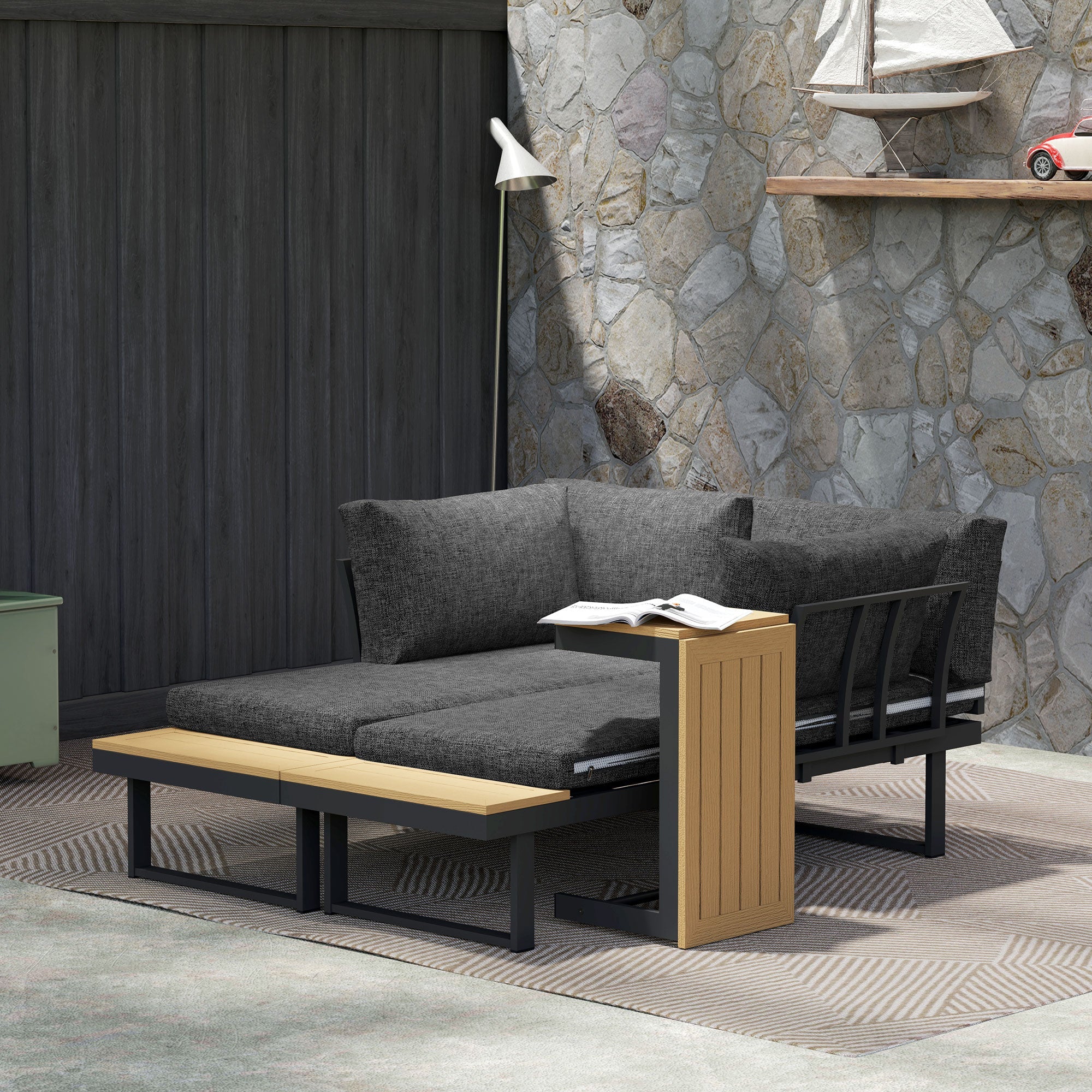 Outsunny 3 Pieces Aluminum Corner Patio Furniture Set Sectional Outdoor Sofa Set with 2 Loveseats Wood-Plastic Coffee Table Grey