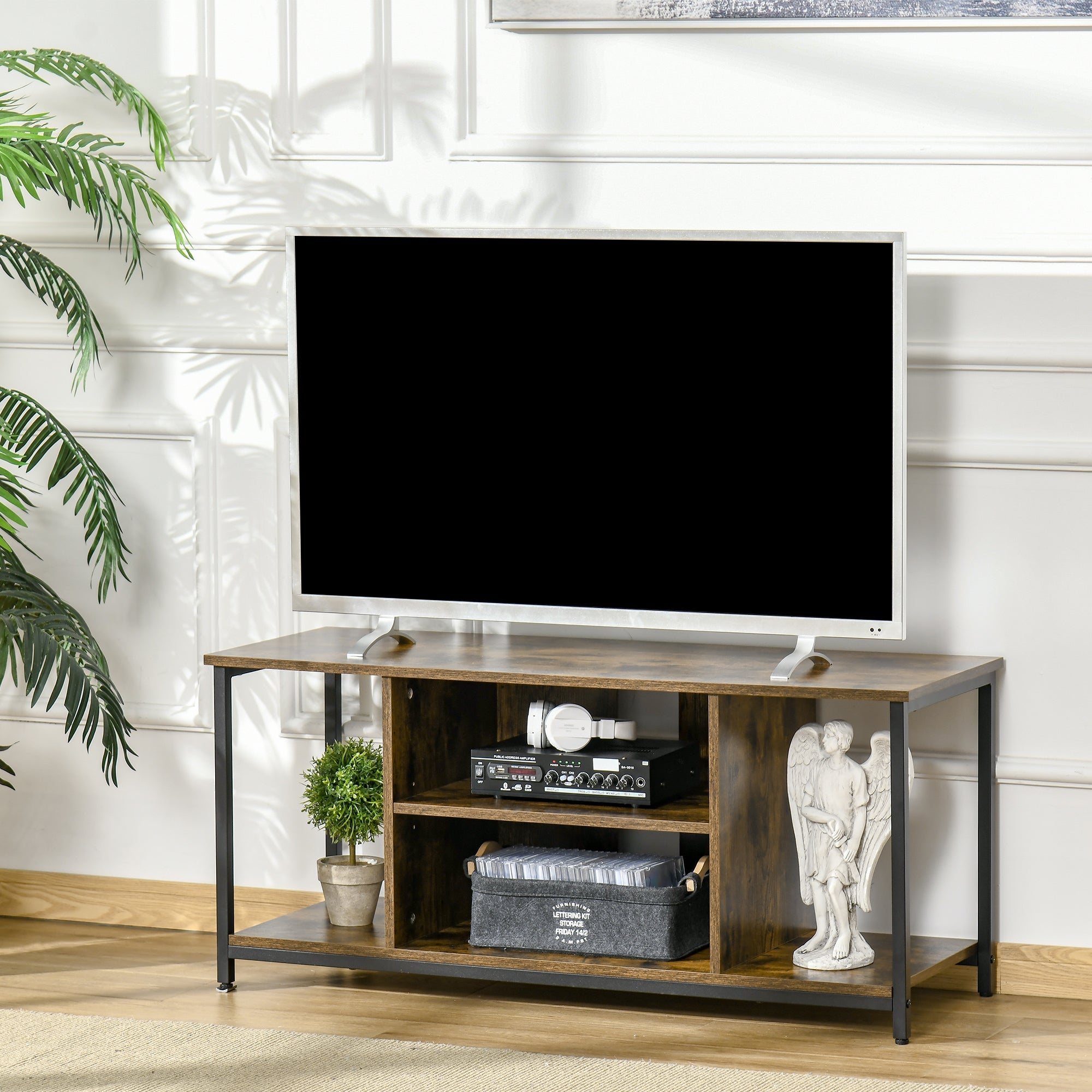 HOMCOM Rustic Brown Media Maven: TV Stand for 55" TVs, Console with Open Storage Shelves for Living Room