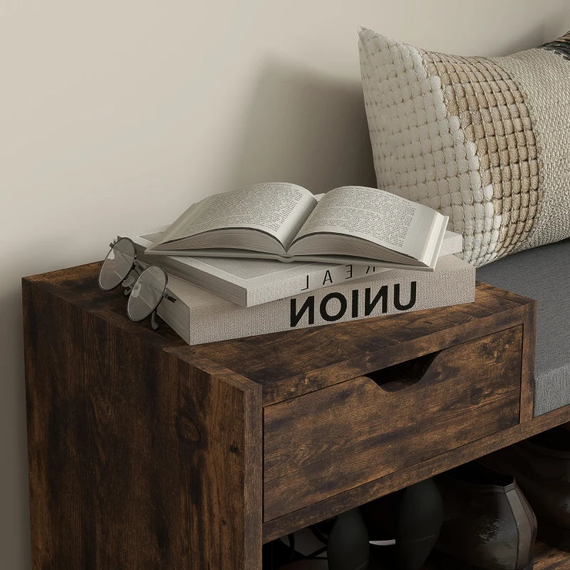 Upholstered Shoe Storage Bench, Hallway Shoe Storage with Seat, Drawer, 3 Open Shelves for Entryway, Rustic Brown