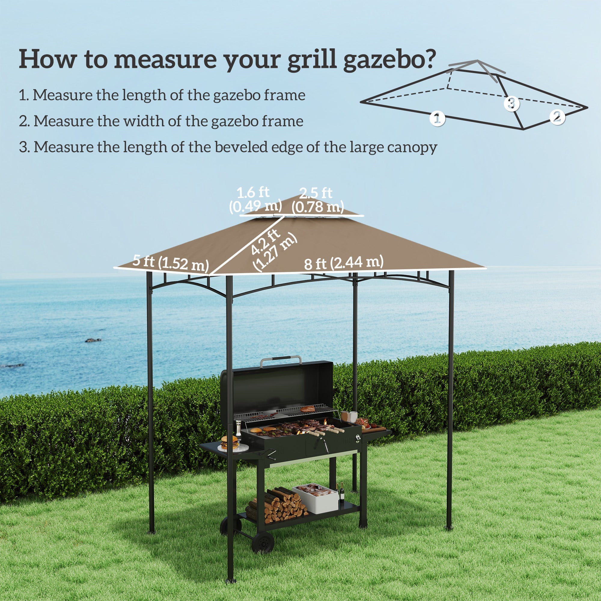 Outsunny BBQ Gazebo Canopy Replacement Roof, 5' x 8' Grill Gazebo Roof with UPF50+ Double Tiered Top Cover, Khaki