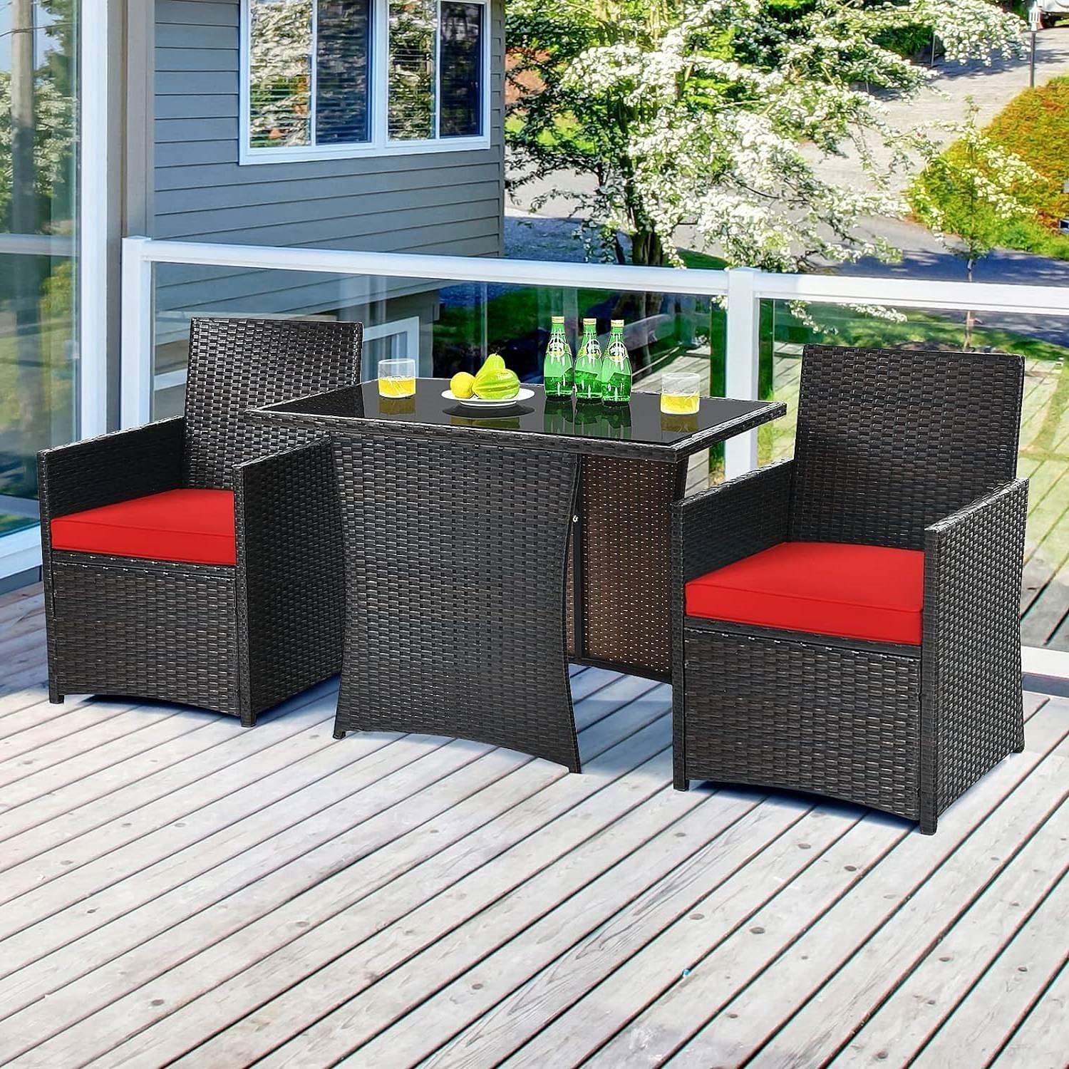 3-Piece Patio Furniture Outdoor Dining Set in Brown PE Rattan with Red Cushions - Free Shipping