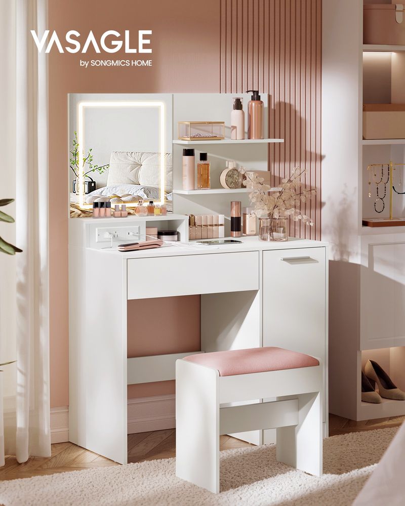 Makeup Vanity Desk with LED Mirror, Drawer, Cabinet & Adjustable Shelves – White