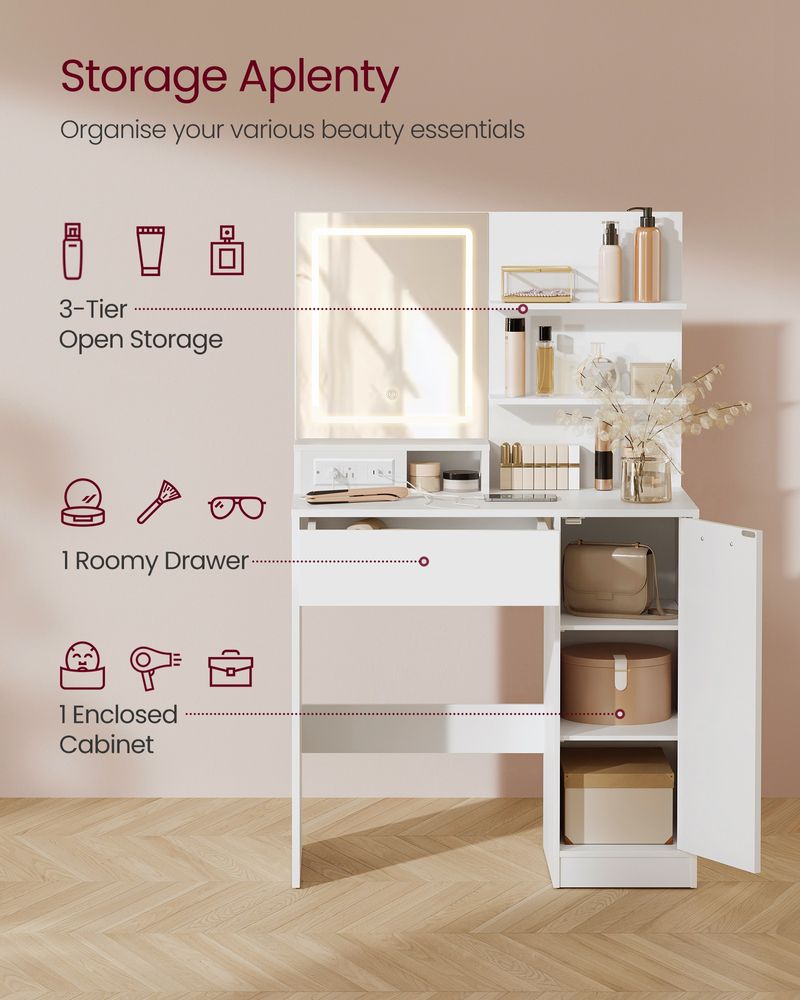 Makeup Vanity Desk with LED Mirror, Drawer, Cabinet & Adjustable Shelves – White