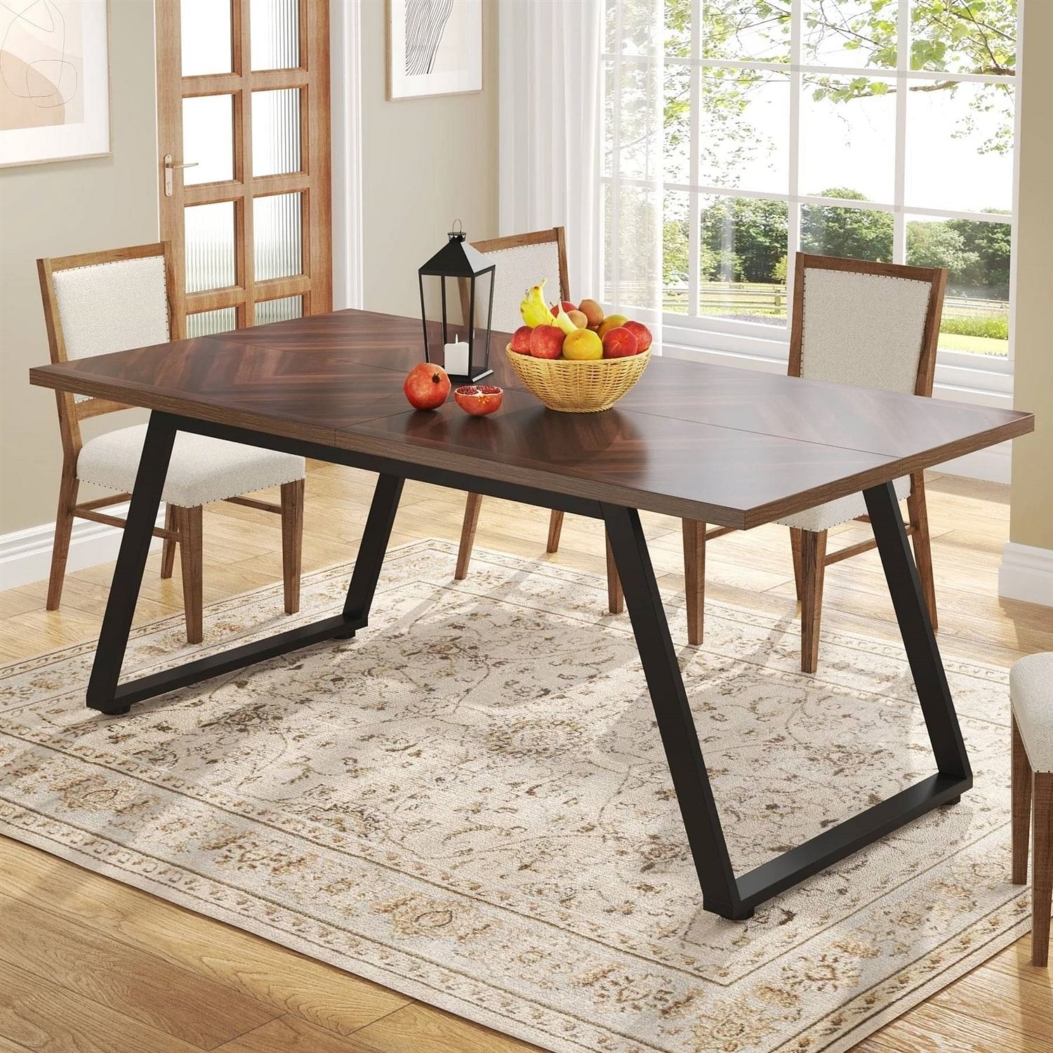 Modern Farmhouse 63-inch Rectangle Dining Table Brown Wood Top Black Metal Frame - Free Shipping